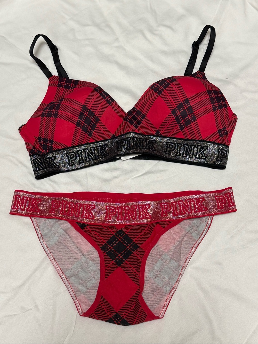 PINK Victoria's Secret Red & Black Plaid Logo Bra and Bikini Set